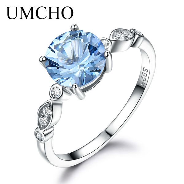 Umcho céu azul topázio anel de prata feminino 925 esterlina prata anéis para mulheres banda de casamento birthstone aquamarine gemstoney1882701