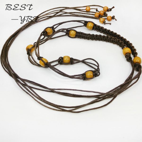 

girls fashion accessories bohemian style wooden bead hand-woven wax rope belt waist chain tassel wind retro style boutique belts, Black;brown