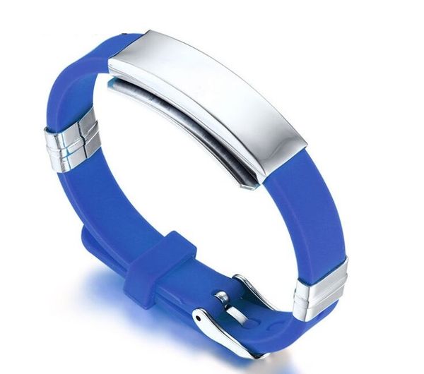 

custom engraving assorted color stainless steel& silicone sport id wristband bracelets,adjustable, Black