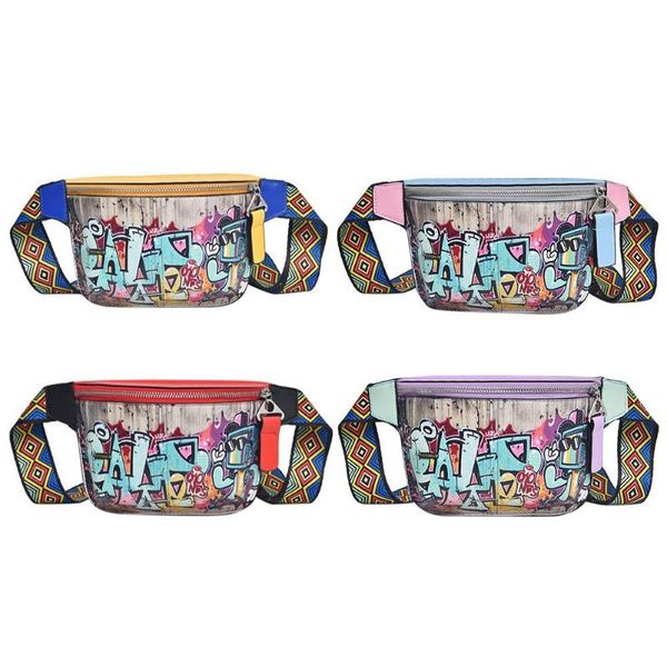 

hip-hop street fanny pack women leather graffiti shoulder chest waist bag colorful belt bag heuptas pochete street fashion