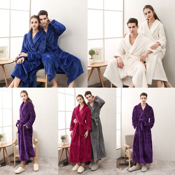 

thicken flannel couple nightgown men women flannel bathrobe autumn winter with sash robe winter sleepwear nightgow home wear, Black;red