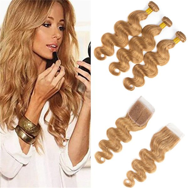 Brasilianisches reines Haar, gewellt, 3 Bündel mit Verschluss, 27# blonde Haarbündel mit 4x4-Spitzenverschluss, Großhandel mit brasilianischen Echthaar-Tressen