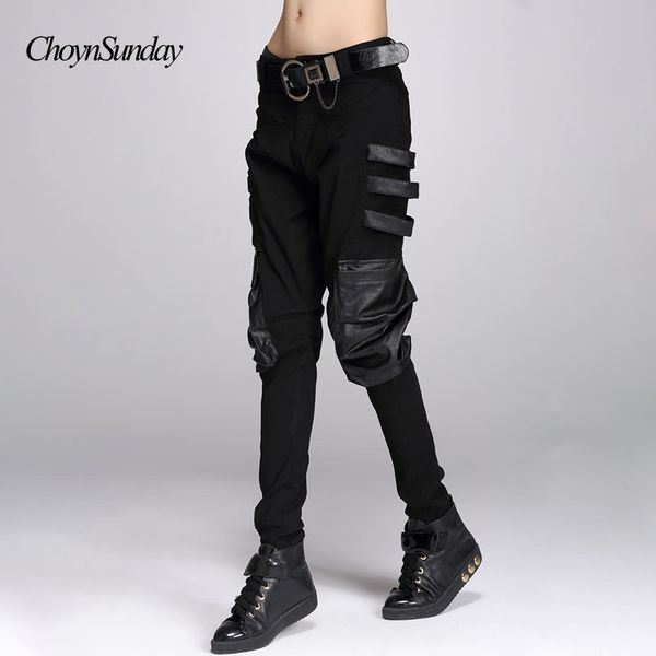 

new fashion casual hip hop mens dance pu leather pants leather pockets patchwork harem trousers womens skinny sweatpants b, Black