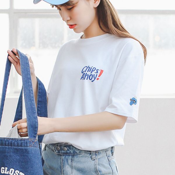 

2018 women preppy style letter for chipc print cartoon patterns short-sleeve t-shirt female kawaii and tee, White