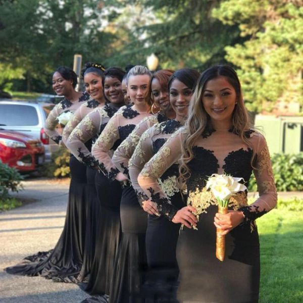 

black mermaid long bridesmaid dresses illusion long sleeves lace appliques maid of honor gowns for wedding sweep train bridesmaid dress, White;pink