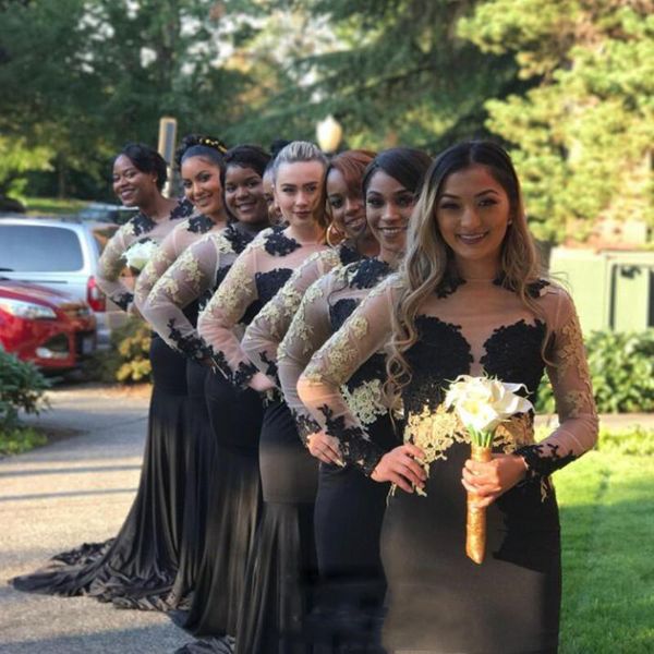 Lange Brautjungfernkleider im schwarzen Meerjungfrau-Stil, mit langen Ärmeln, Spitzenapplikationen, Trauzeugin-Kleider für die Hochzeit, Sweep-Zug-Brautjungfernkleid