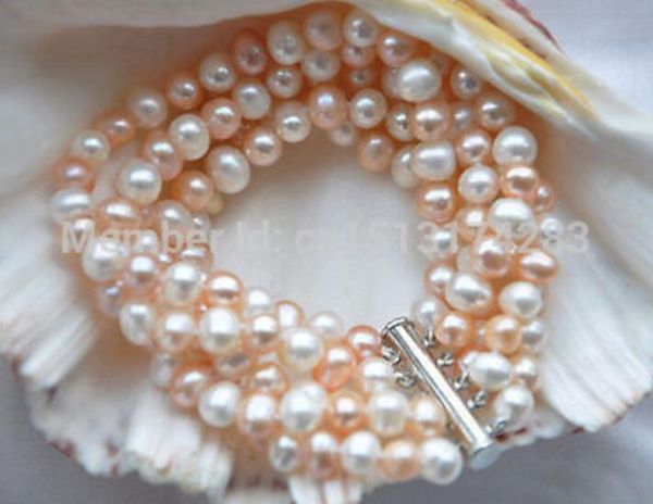 

gt;>>5row 8" 8mm round pink white freshwater pearl bracelet, Golden;silver