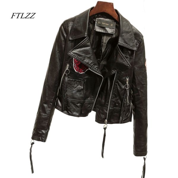 

2017 autumn new women faux leather jacket embroidery short design turn-down collar slim pu coats punk fashion biker jackets, Black