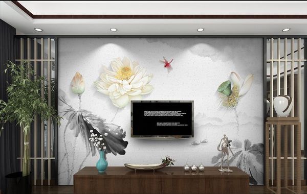

3d фрески обои для гостиной новый китайский трехмерный рельеф чернила lotus tv фон стены декоративная живопись