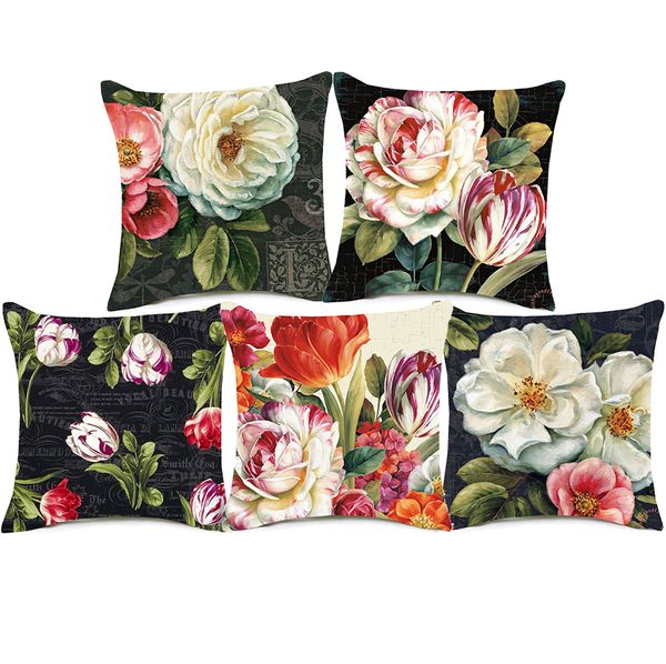 Red Tulip Camellia Flower Cushion Cover Retro Oil Painting Pillow