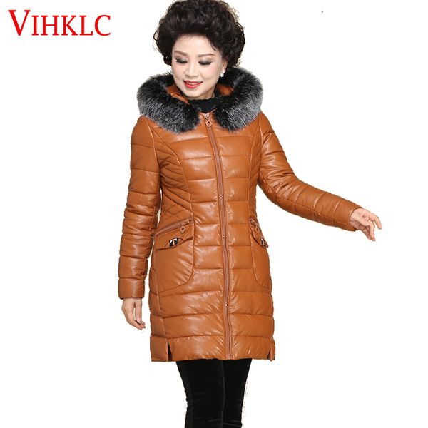 

2018 winter casual new brand women mother leather warm fur collar hooded coat plus size 5xl thick jacket parka overcoat h776, Black