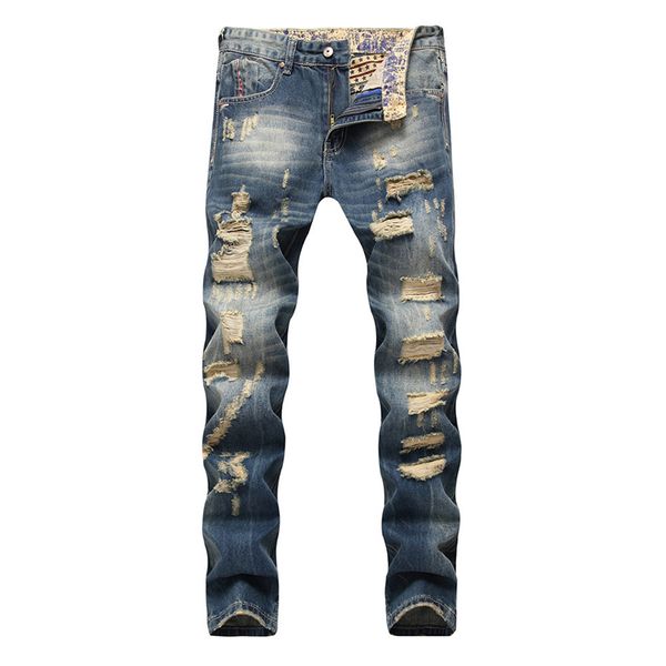 

2018 new european and american men's jeans straight leg beggar holes, old days wear out men's popular logo jeans, Blue