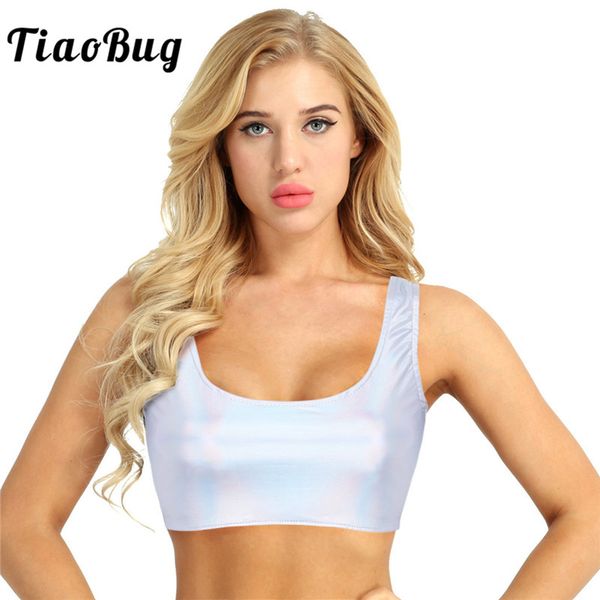 

tiaobug summer fashion shiny silver women faux leather sleeveless scoop neck rave festival short vest glossy tank, White