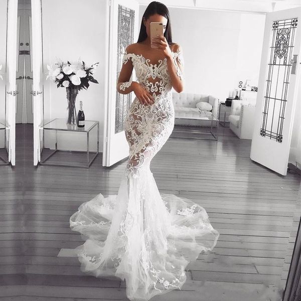 

gorgeous 2019 mermaid wedding dresses dubai arabic beaded lace applique sheer neck illusion long sleeves chapel bridal gowns vestidos, White