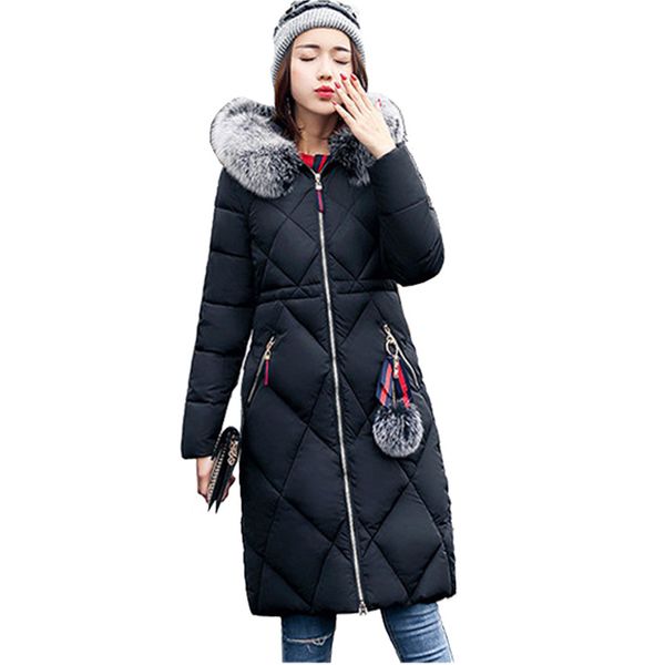 

womens winter jackets hooded faux fur collar extra long coat woman parka solid cotton padded warm outwear, Black