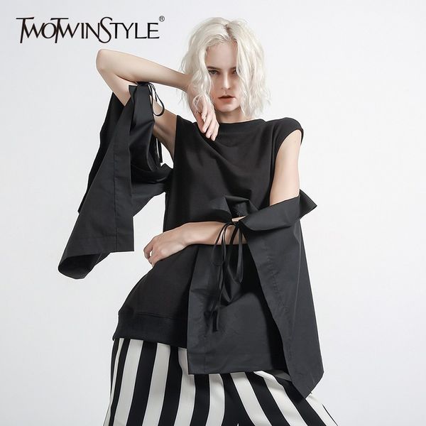 

twotwinstyle off shoulder women's shirt irregular patchwork flare sleeve big size lace up bowknot female pullover casual clothes, White