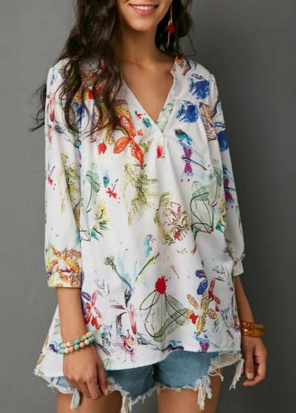

summer women boho v-neck blouse long sleeve shirts floral print plus size, White