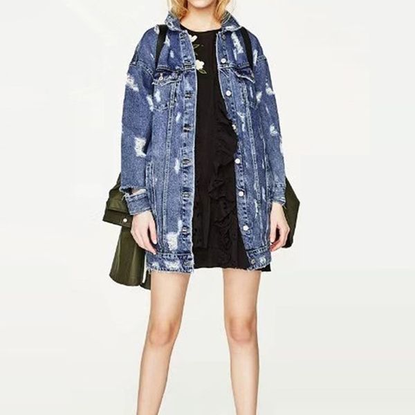 

High Street Denim Jackets Women Hole Boyfriend Style Long Sleeve Vintage Jeans Jacket Denim Jacket Loose Spring Autumn Coat Jeans