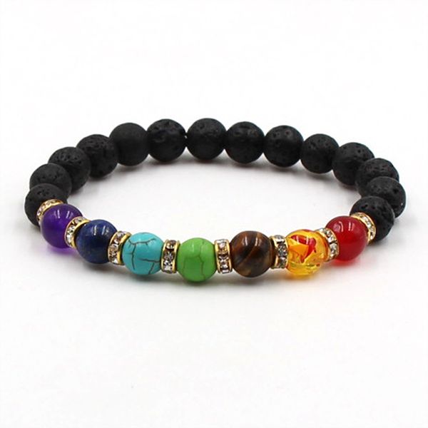 

fashion natural black lava stone 7 chakra bracelet 8mm turquoise healing balance beads reiki buddha prayer natural stone yoga bracelet, Golden;silver