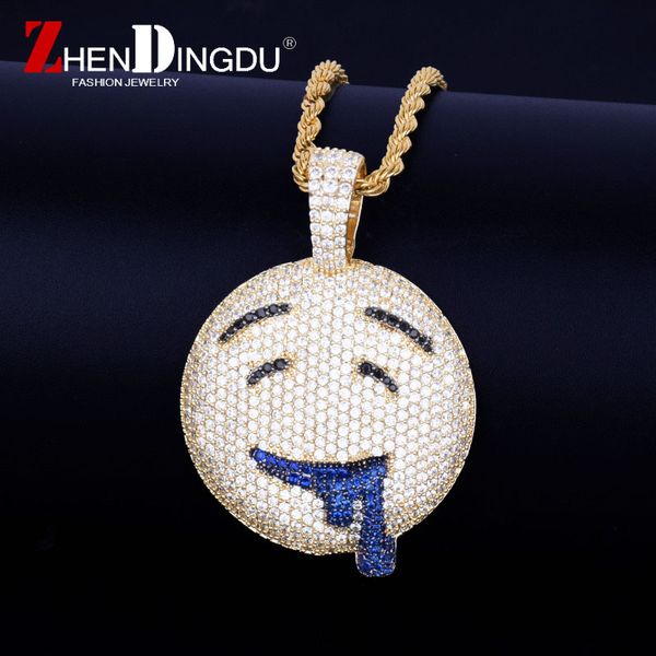

Drool Over Emoji Pendant With Tennis Chain Gold Silver Color Bling Cubic Zircon Men's Hip hop Necklace Jewelry For Gift