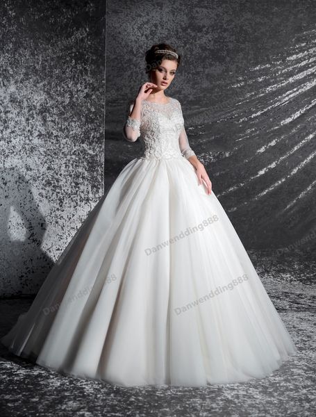 

noble ivory 3/4 sleeves applique beads ball gown wedding dresses bridal pageant dresses wedding attire dresses custom size 2-16 zw612215, White