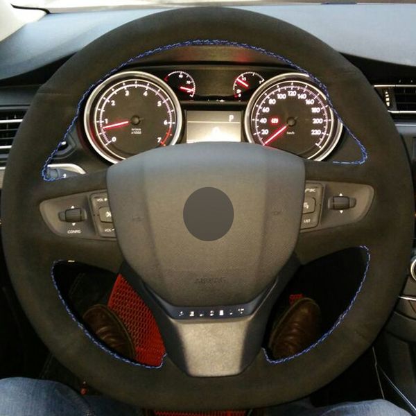 

black suede diy hand-stitched car steering wheel cover for peugeot 408 2014 2015