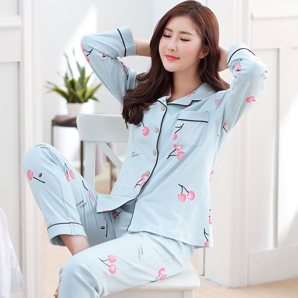 

autumn womens pajamas sets cotton cardigan long sleeve fruit print pajama set sleepwear women homewear pyjamas women, Blue;gray
