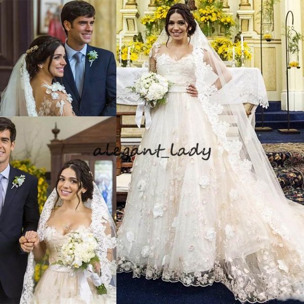

3d цветочные с длинным рукавом свадебные платья 2018 скромный v-образным вырезом собор поезд дубай арабский кружева принцесса церковь свадеб, White