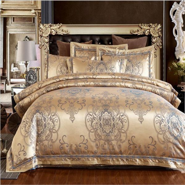 Jacquard Satin Bedding Sets King Queen Size Beige White Gold