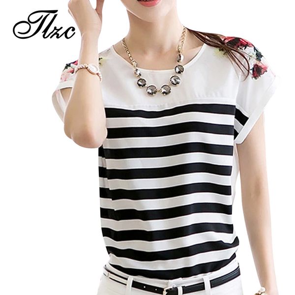 

lady short tees black white striped design size s-2xl summer women t shirts fashion slim fit style lady chiffon