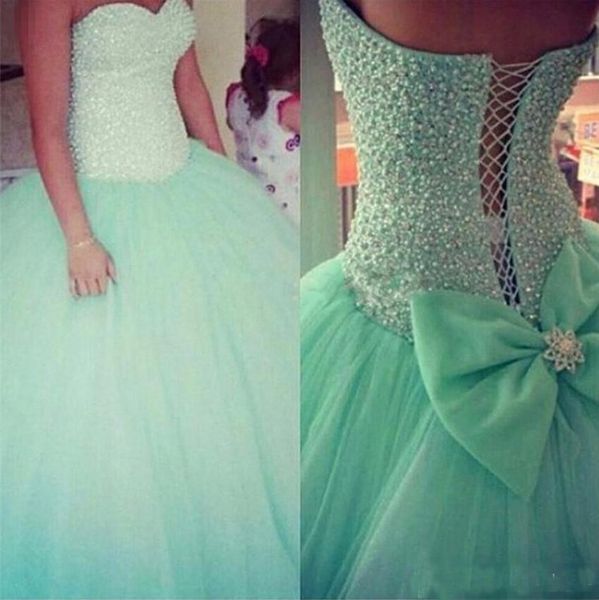 

Mint Green Quinceanera Gown Sweet 16 Dresses Pearls Corset Puffy Tulle Skirt Vestido De 15 Anos Evening Pageant Wear Plus Size Prom Formal