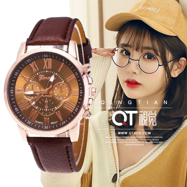 

geneva women's watch fashion luxury ladies quartz wristwatch brand waterproof leather strap watch women watches reloj #c1, Slivery;brown