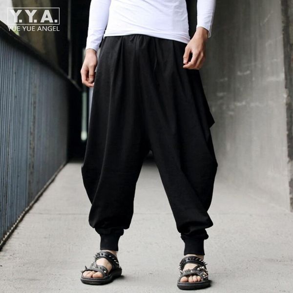 

cotton linen mens harem baggy pants japanese loose casual style boho trousers mens cross-pants crotch pants wide leg, Black