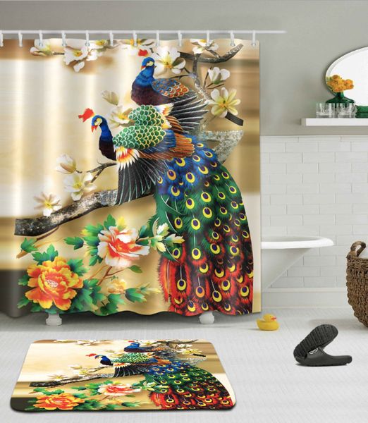 

european style colorful peacock retro cartoon custom 3d shower curtain fabric bath curtain waterproof bath curtains floor mats sets