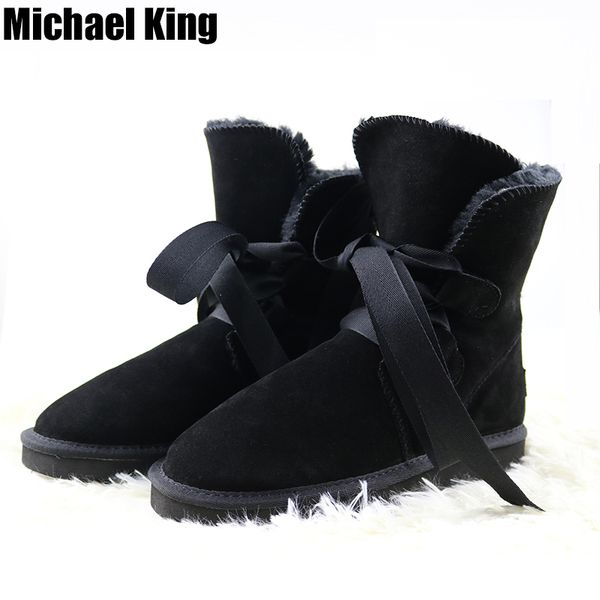 

2018 new lace-up snow boots genuine leather woman snow boots fashion waterproof winter warm fur plush insole, Black