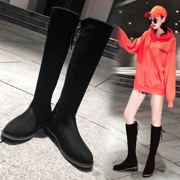 

knee high boots back bowtie med-long booties woman winter motorcycle bottes stretch faux suede leather botas punk girls bottines, Black