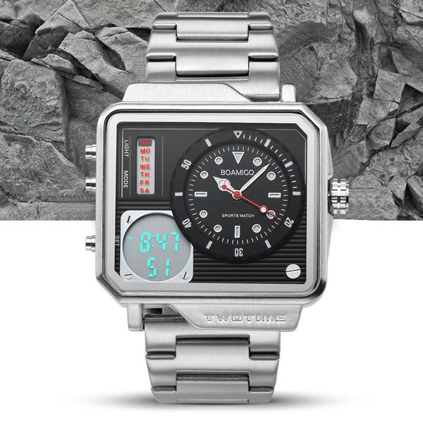 

boamigo brand men sport digital watches 2 time zone big design man fashion watch rectangle quartz wristwatches relogio masculino, Slivery;brown