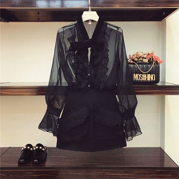 

2018 spring women's perspective black velvet bow shirt blouse + tweed wool skirt two piece ladies skirt suit, Gray