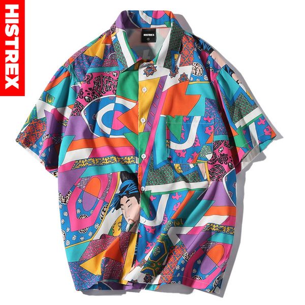 

men loose hip hop shirt harajuku japanese ukiyo e anime shirt short sleeve hawaiian casual streetwear thin summer 2018, White;black