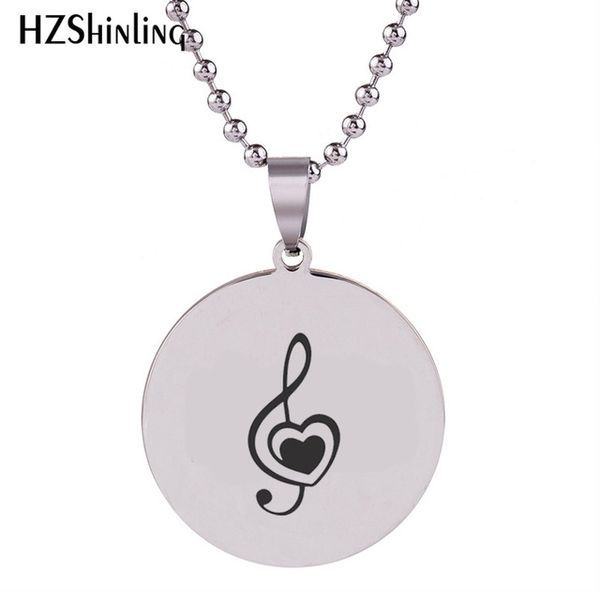 

new treble clef heart engraved pendant handmade stainless steel necklace silver round jewelry necklace ball chain