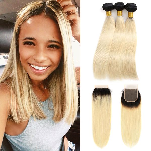 

1b 613 hair weaves extension with closure straight ombre 1b 613 brazilian virgin human hair 3 bundles with 4x4 part lace closure, Black;brown
