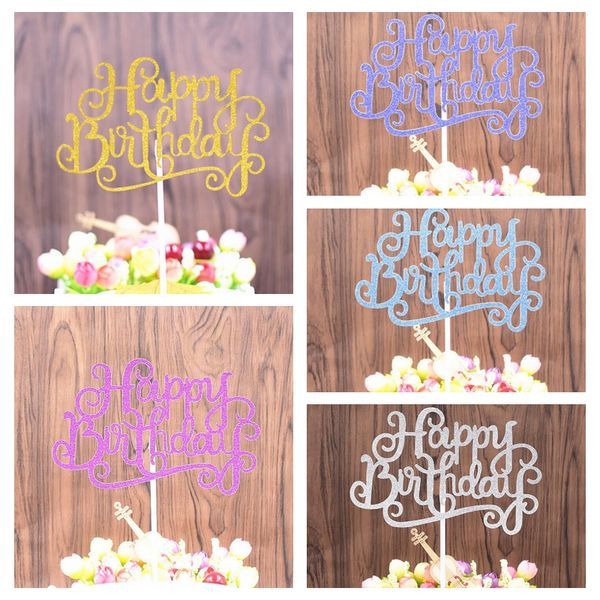 Gold Blue Purple Happy Birthday Party Cake Toppers Decoration For