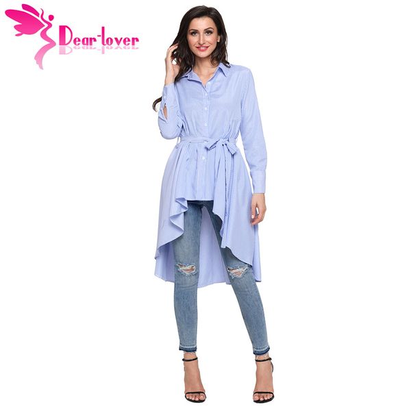 

dear lover stripe blouse shirt women new fashion blusas office ladies autumn long sleeve lapel high low belted tunic c250364, White