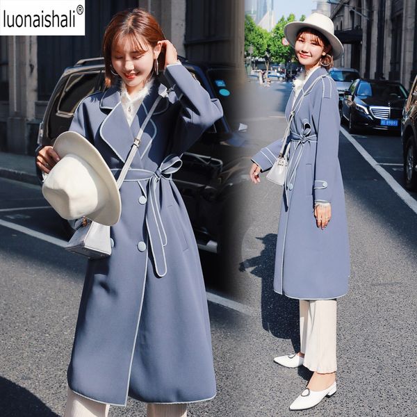 

элегантный отложным теплая зима полушерстяные женский двубортный пояс патч карманы длинное пальто женщины повседневная осень верхняя одежда, Black