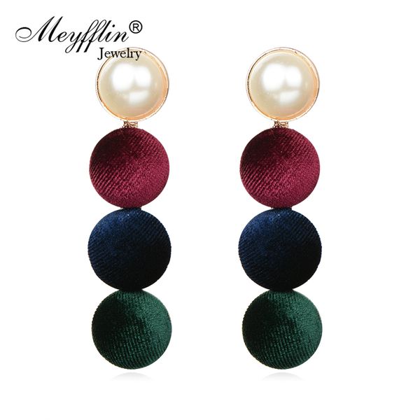 

meyfflin fashion simulated pearl velvet ball earrings for women statement long earring female korean jewelry brincos gifts, Silver