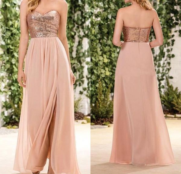 

2018 Rose Gold Sequined Bridesmaid Dresses Sweetheart Side Split A Line Long Country Maid Of Honor Gowns Beach Wedding Guest Party Dress