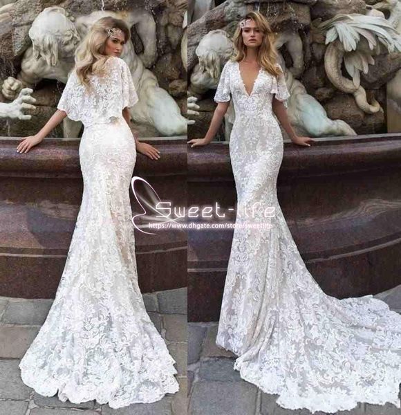 

Мода Vestidos De Nnovia 2020 Русалка Свадебные платья с мыса Sheer V шеи шнурка аппликация разв