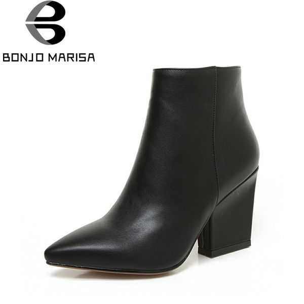 

bonjomarisa 2018 autumn solid mature black ankle boots women zip closure pointed toe high heels shoes woman large size 32-43