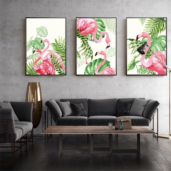 

nordic minimalist flamingo art canvas painting posters watercolor green plant prints home decor wall for living room al039