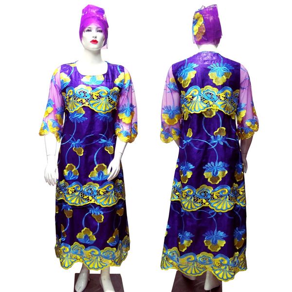 

guyuera 2019 new african dresses for women cotton 100% bazin wax embroidery flower and lace long sleeves plus headscarf 2xl-4xl, Red